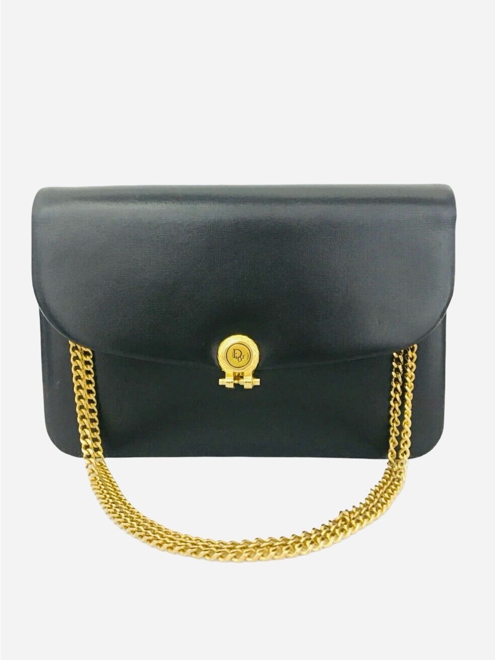 Vintage Dior Black Leather Shoulder Bag with Gold Chain Crossbody Clutch